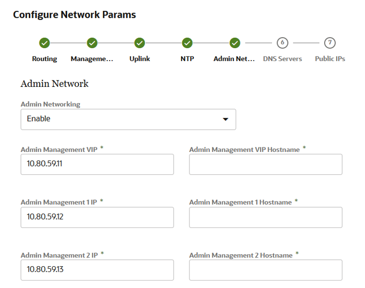 Figure showing the first part of the administration network parameters page for the initial appliance setup wizard.