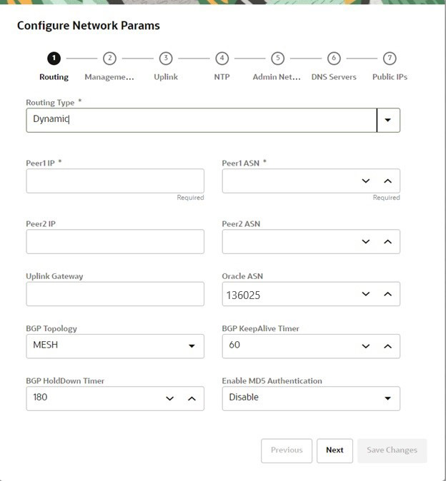 Figure showing dynamic routing network parameters page for the initial appliance setup wizard.