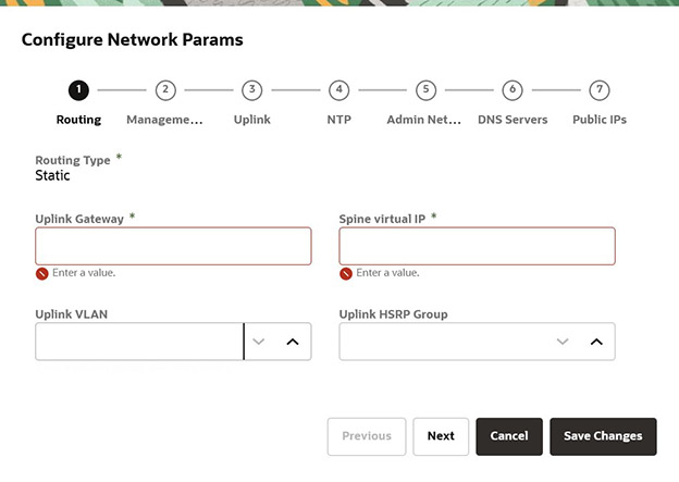 Figure showing routing network parameters page for the initial appliance setup wizard.