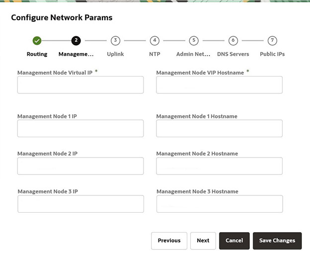 Figure showing management network parameters page for the initial appliance setup wizard.