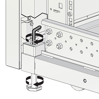 This figure shows the leveling feet being lowered with a hex wrench.