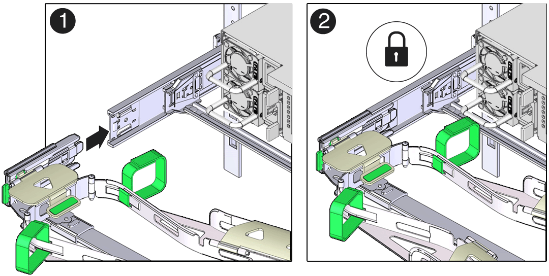 Figure showing how to install the CMA's connector D and its associated latching bracket into the left slide rail.