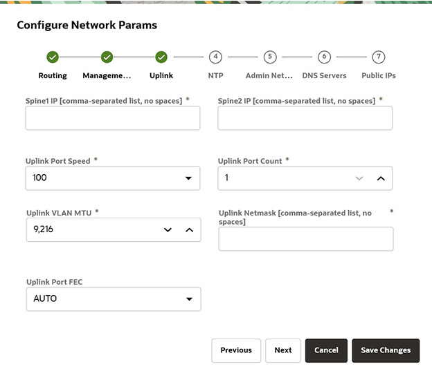 Figure showing uplink network parameters page for the initial appliance setup wizard.