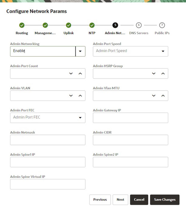 Figure showing the administration network parameters page for the initial appliance setup wizard.