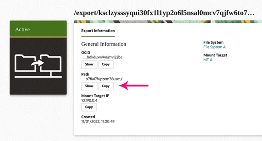 A screen shot showing where the file system export path is listed.