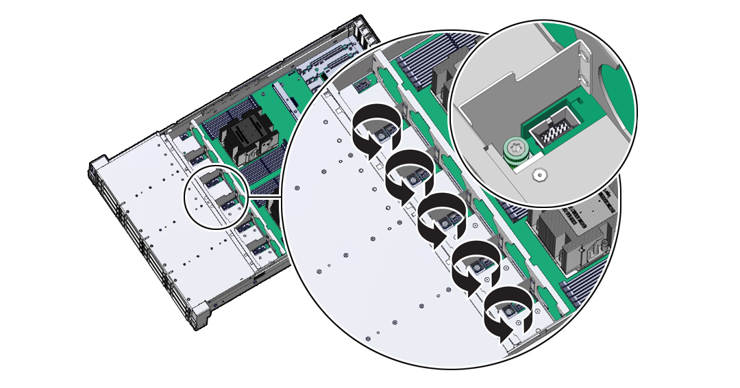 Figure showing the fan tray screws being removed from the server.