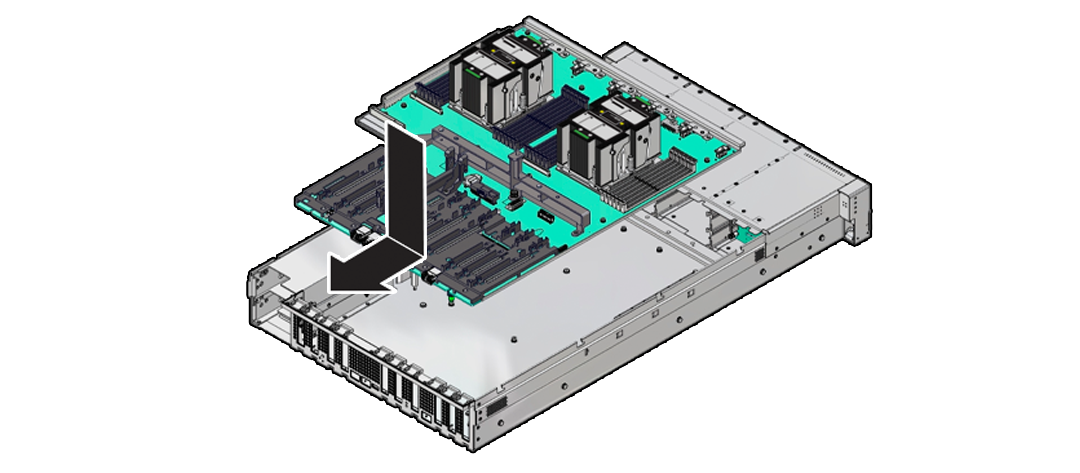 Figure showing the motherboard assembly being installed in the server.