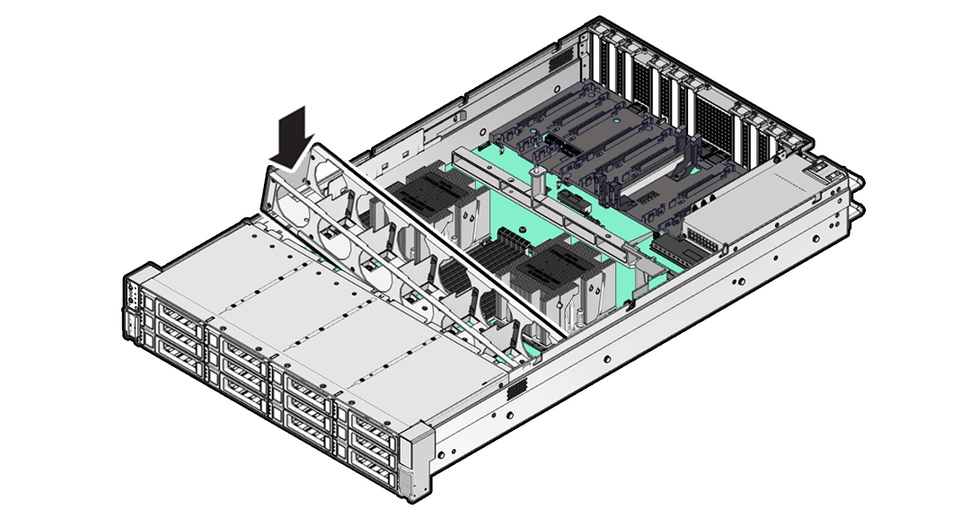 Figure showing the fan tray being lowered in the server.