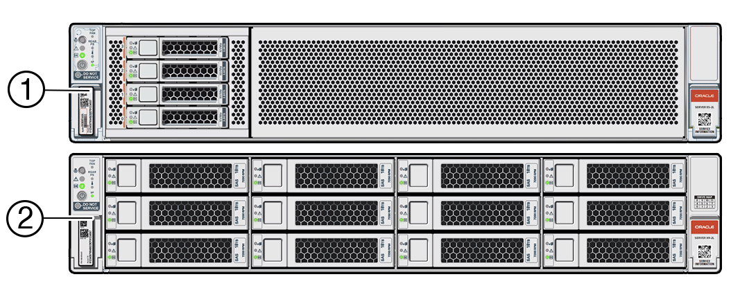 Exadata Server X10M chassis with four 2.5-inch or twelve 3.5-inch front panel drive bays.