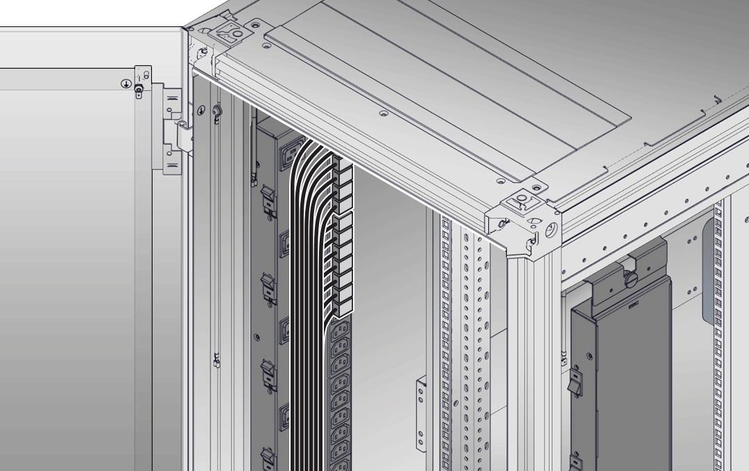 Figure showing slide-rails installed in the rack over the right-angle AC power cables.