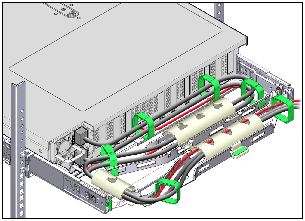 Figure showing CMA with cables installed, cable covers closed, and cables secured with Velcro straps.