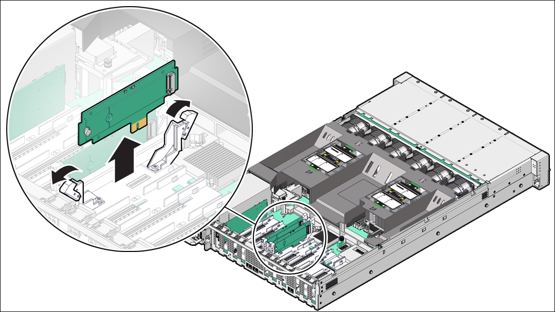 Figure showing a flash riser board being removed from the server.