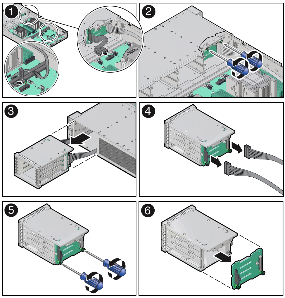 Figure showing the storage drive cage and 4-Drive disk backplane being removed from the server.