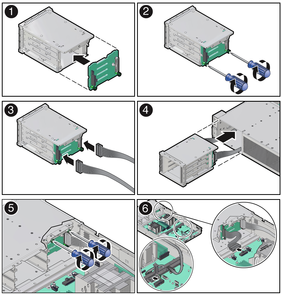 Figure showing the 4-Drive disk backplane and storage drive cage being installed in to the server.