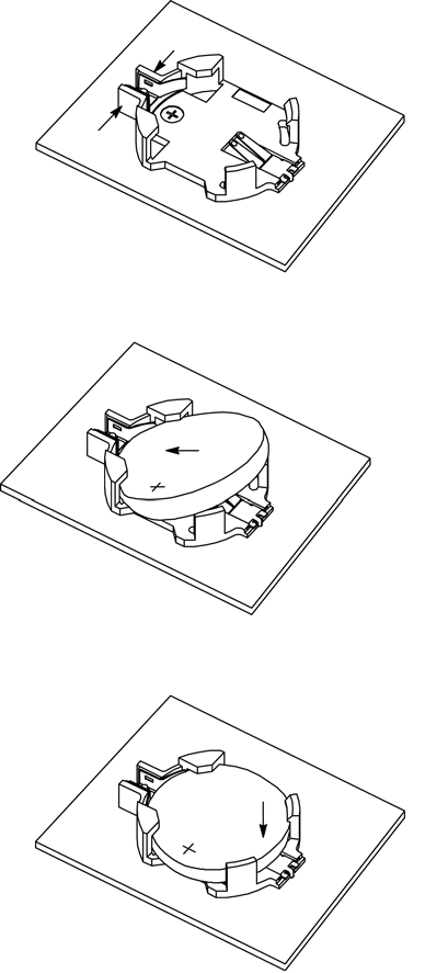 Figure showing how to install the system battery in three steps.