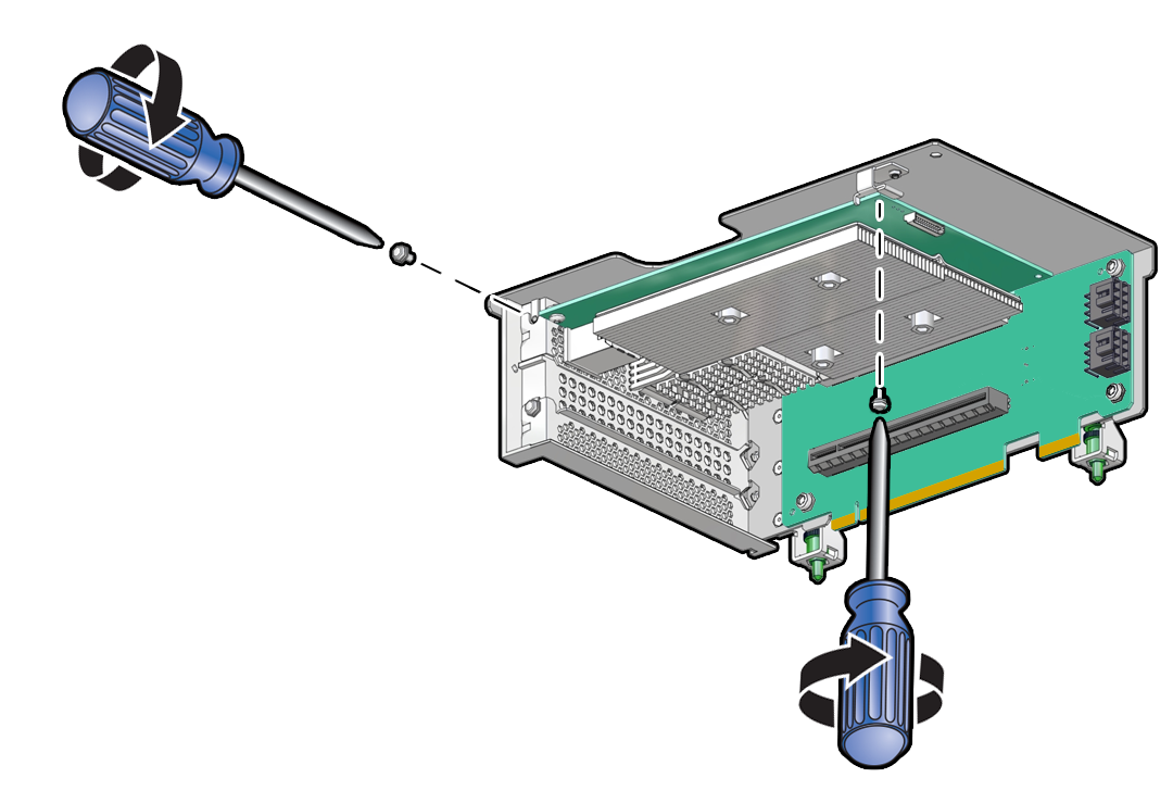 Figure showing screws that secure the PCIe card bracket being tightened.