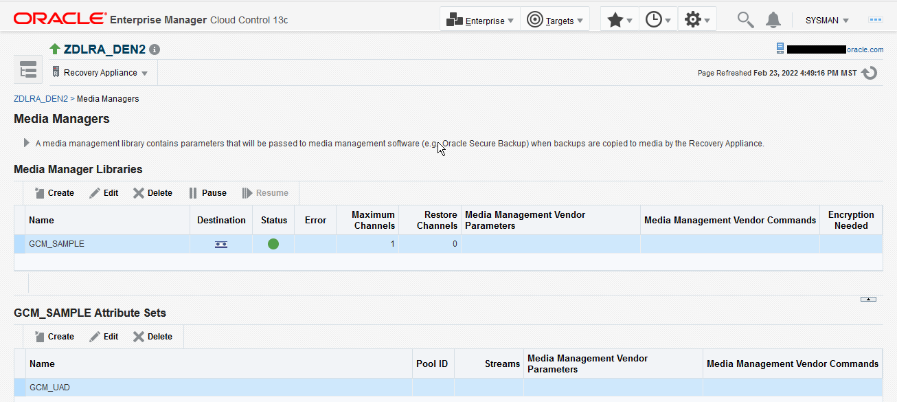 Displays Media Managers for a Recovery Appliance in Cloud Control.