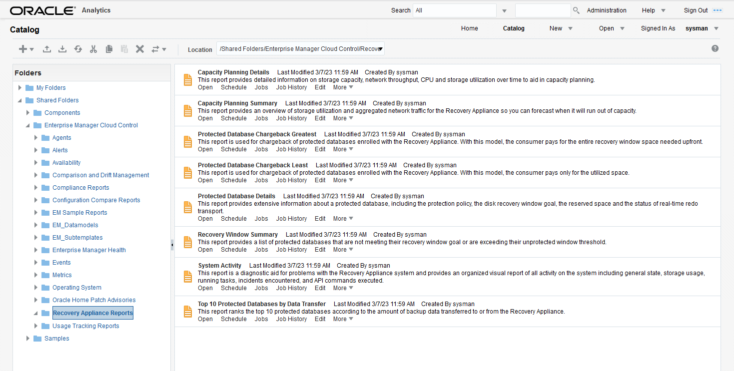 Displays the shared folder tree in OAP to get to reports for the Recovery Appliance.