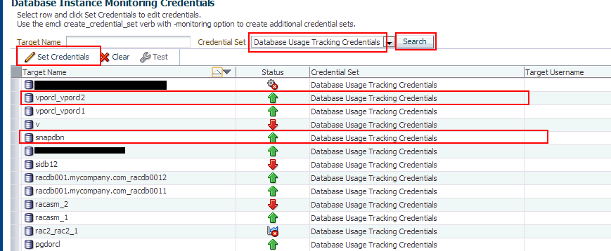 set database monitoring credentials