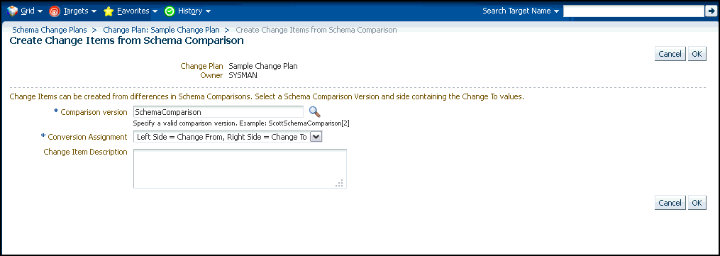 Create Change Items from Schema Comparison page