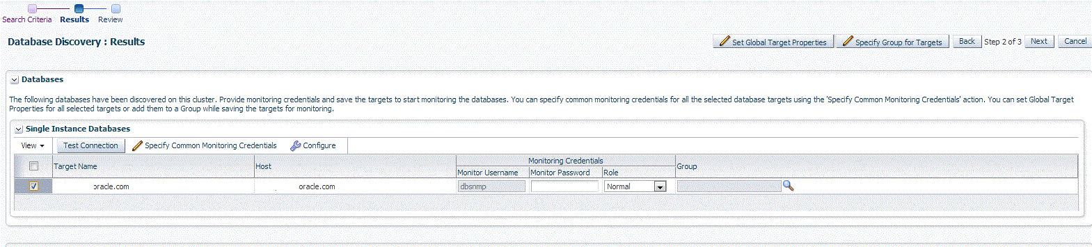 Database Discovery Results instance page