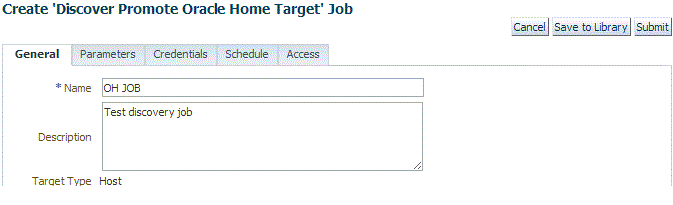Create Discover Promote Oracle Home Target Job page