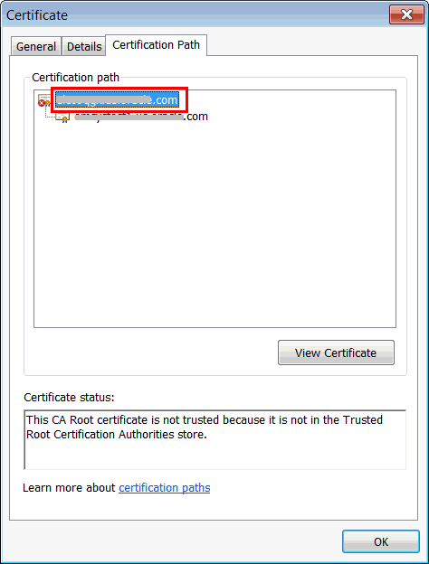 Selecting the root node in the Certificate dialog.
