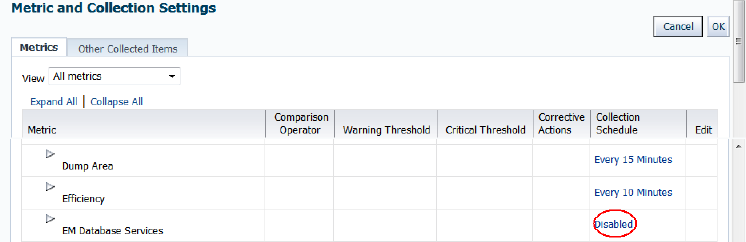 Click Disabled to enable collections for database services