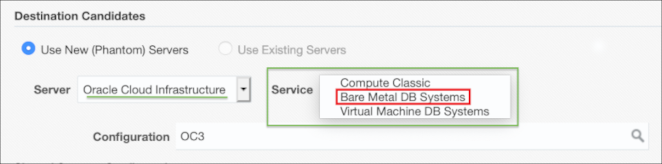 Image shows the Bare Metal DB Systems service option.