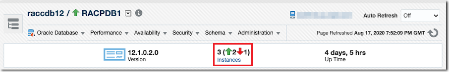 RAC instance status on the PDB Home page