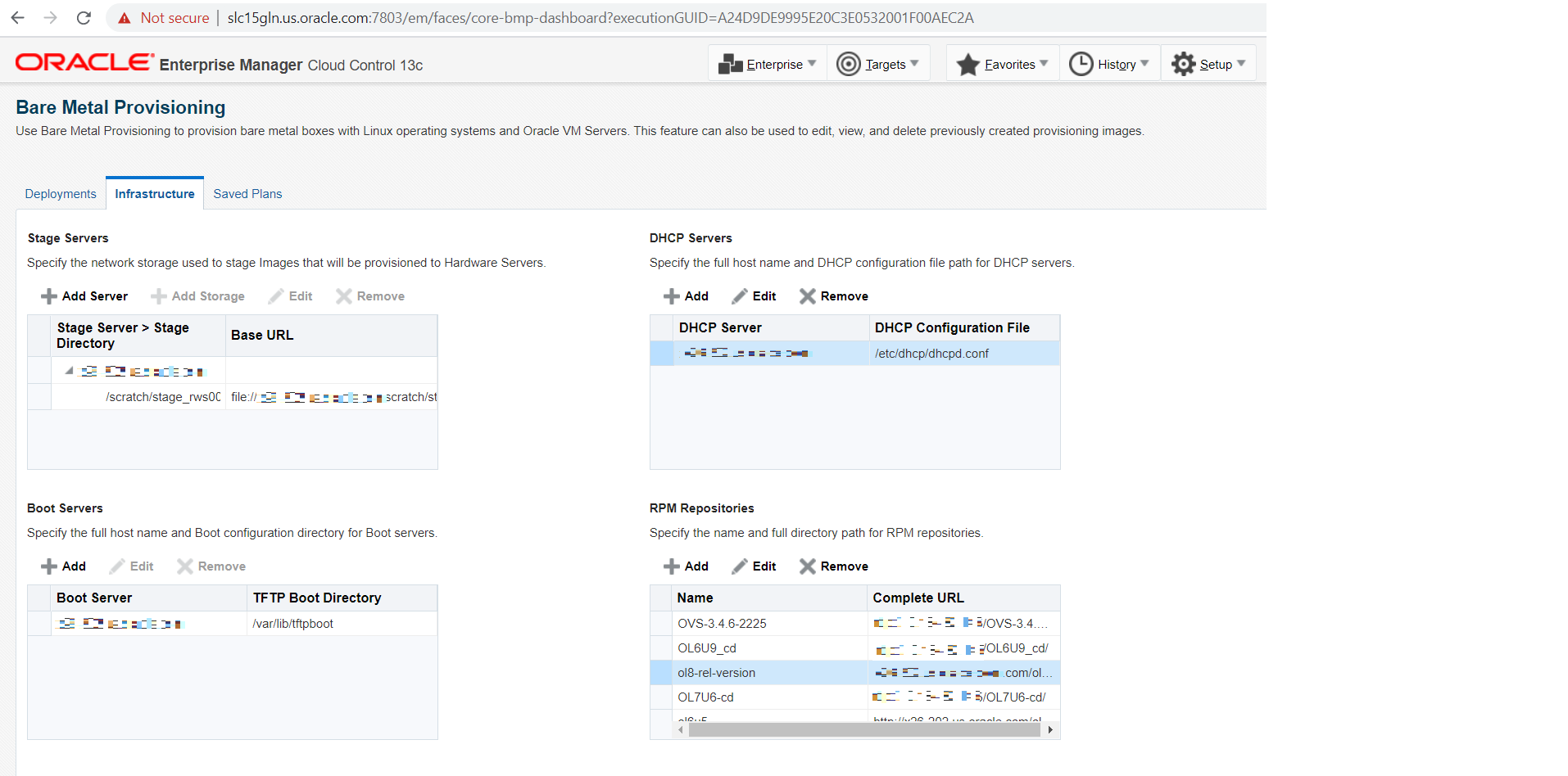 Infrastructure tab for Bare Metal Provisioning section