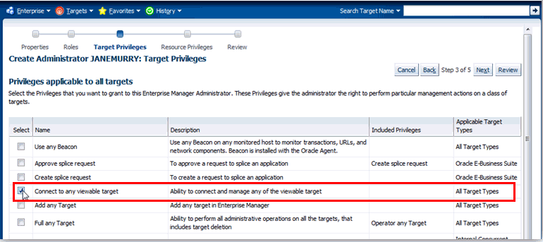 Image displays the Create Administrator Target Privilege page.