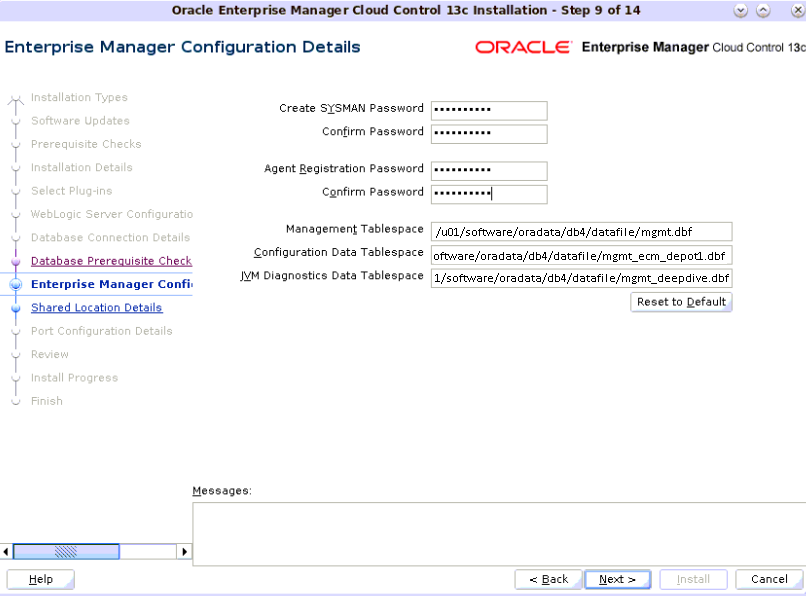 Enterprise Manager Configuration Details Screen