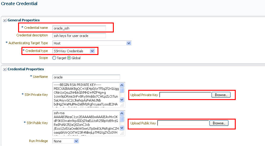 Create Credential Screen to upload SSH Keys to Enterprise Manager