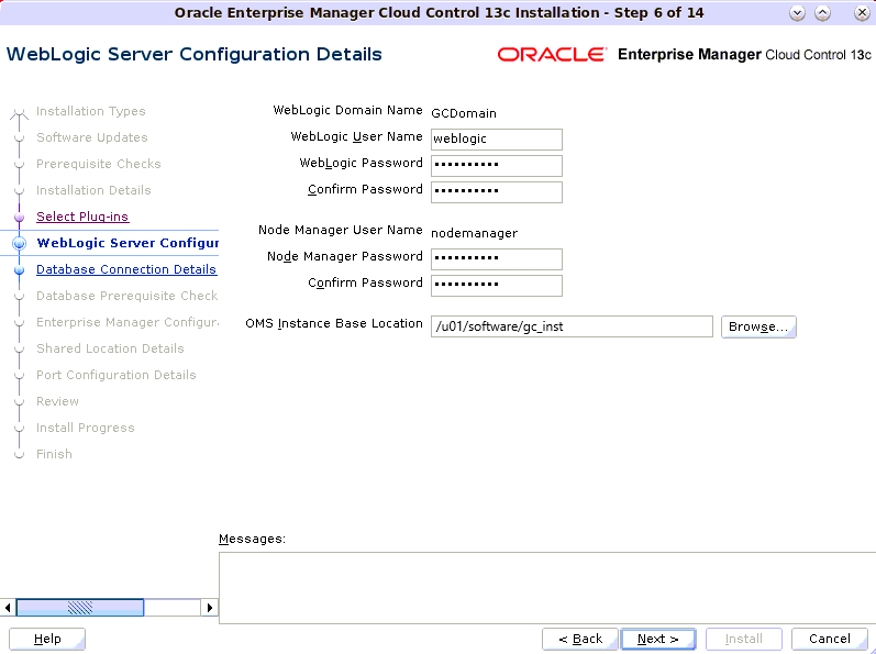 WebLogic Server Configuration Details screen