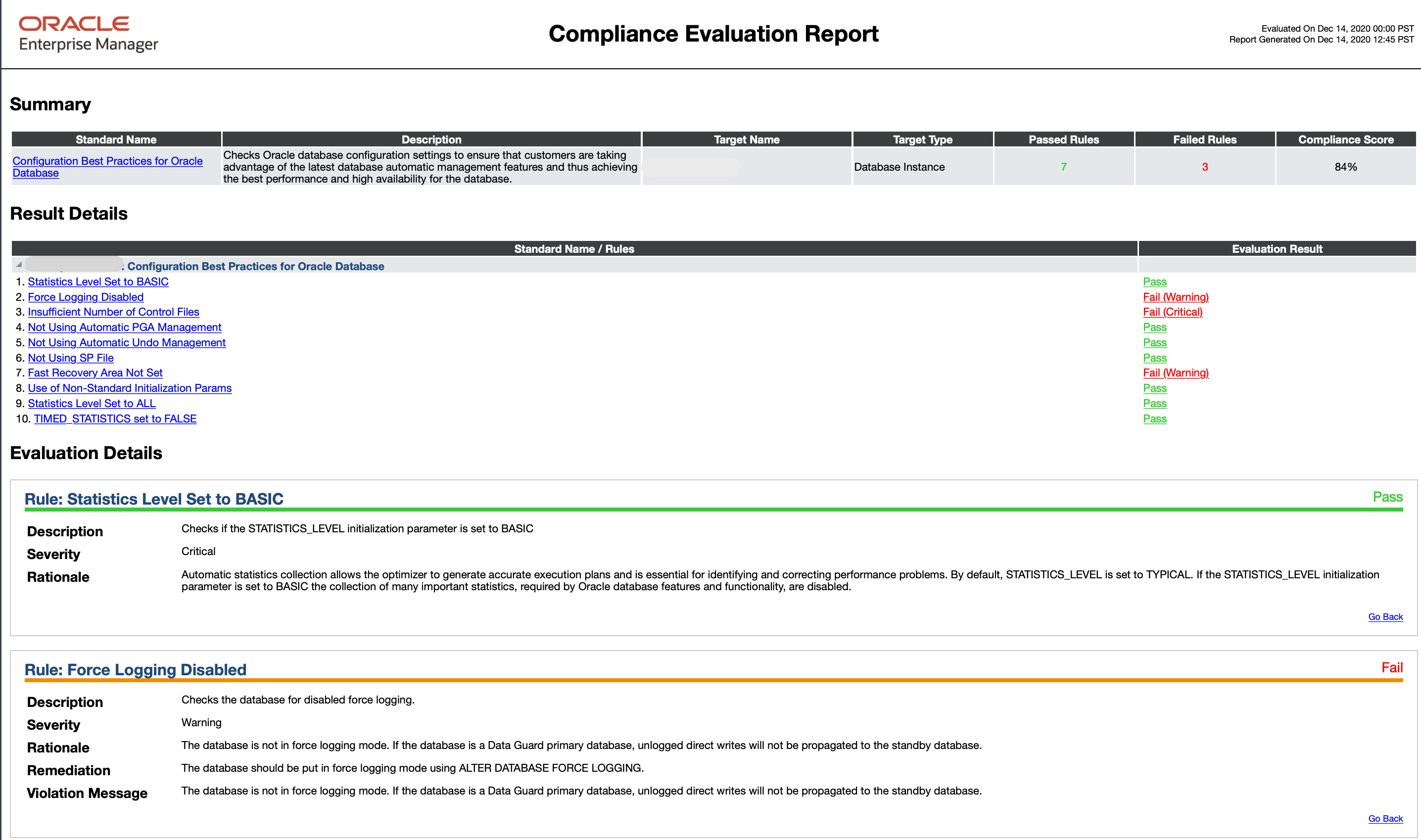 Sample image of the Compliance Evaluation Report
