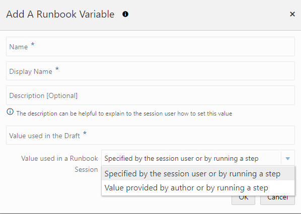 Graphic shows the Add a Runbook Variable dialog.