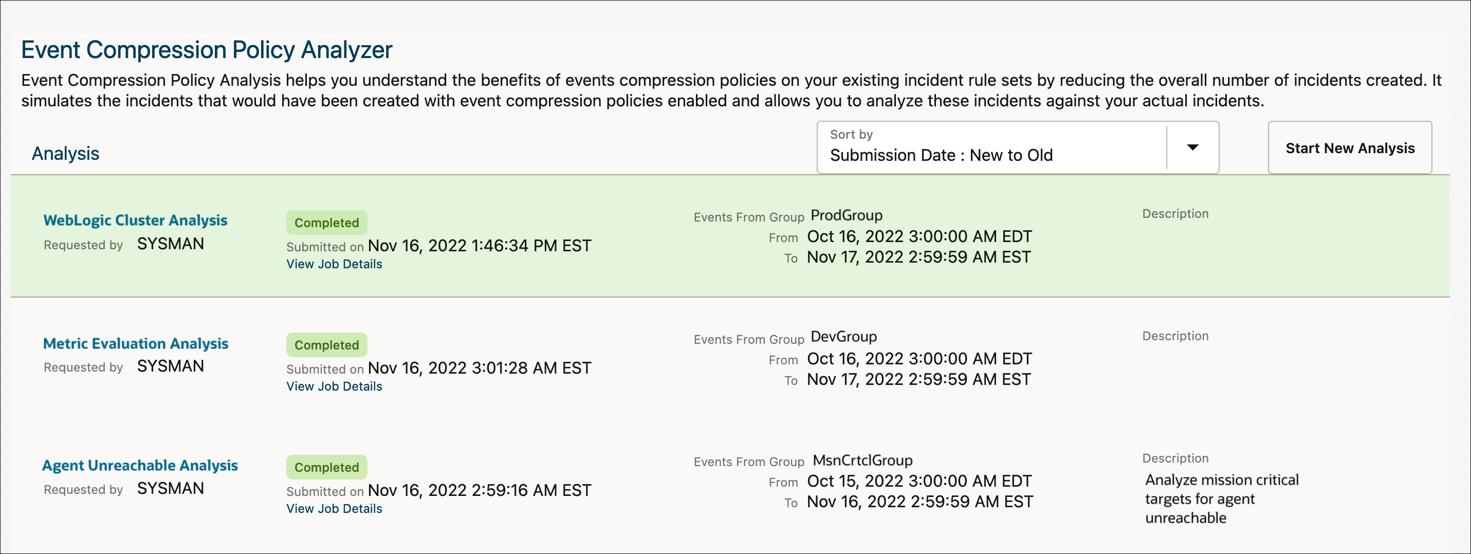 Image shows the Event Compression Analyzer page.