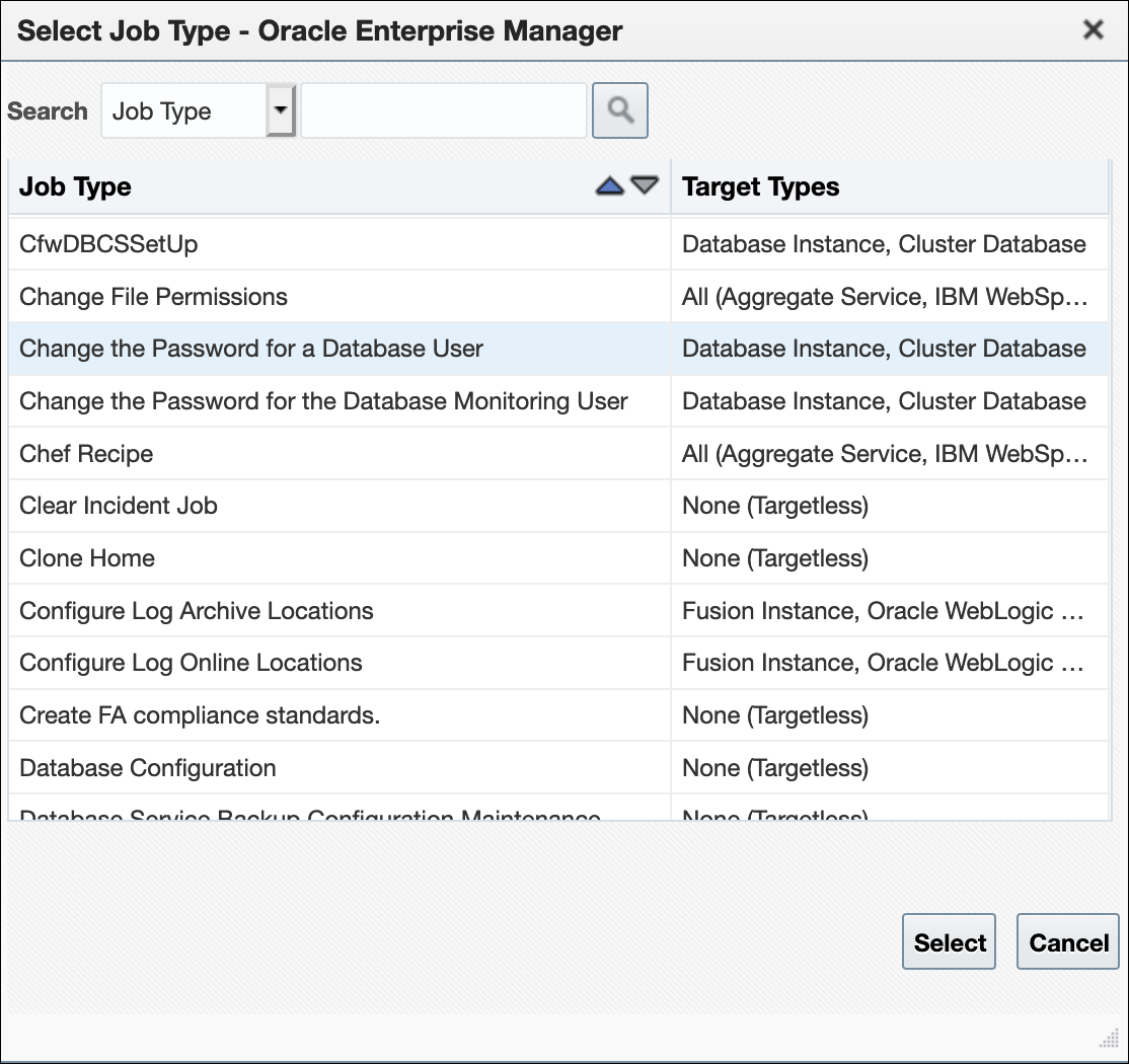 Graphic shows the Job type selection dialog fo non-dbsnmp users.r