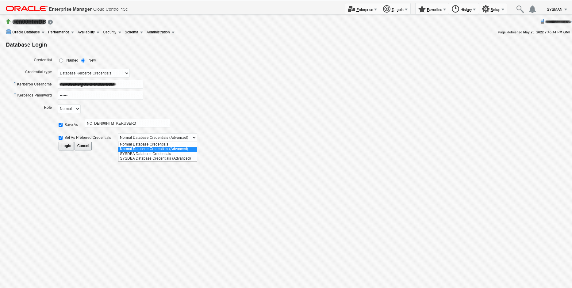 Graphic shows the database login page for a one-time login. Graphic shows the database login page for a one-time login.