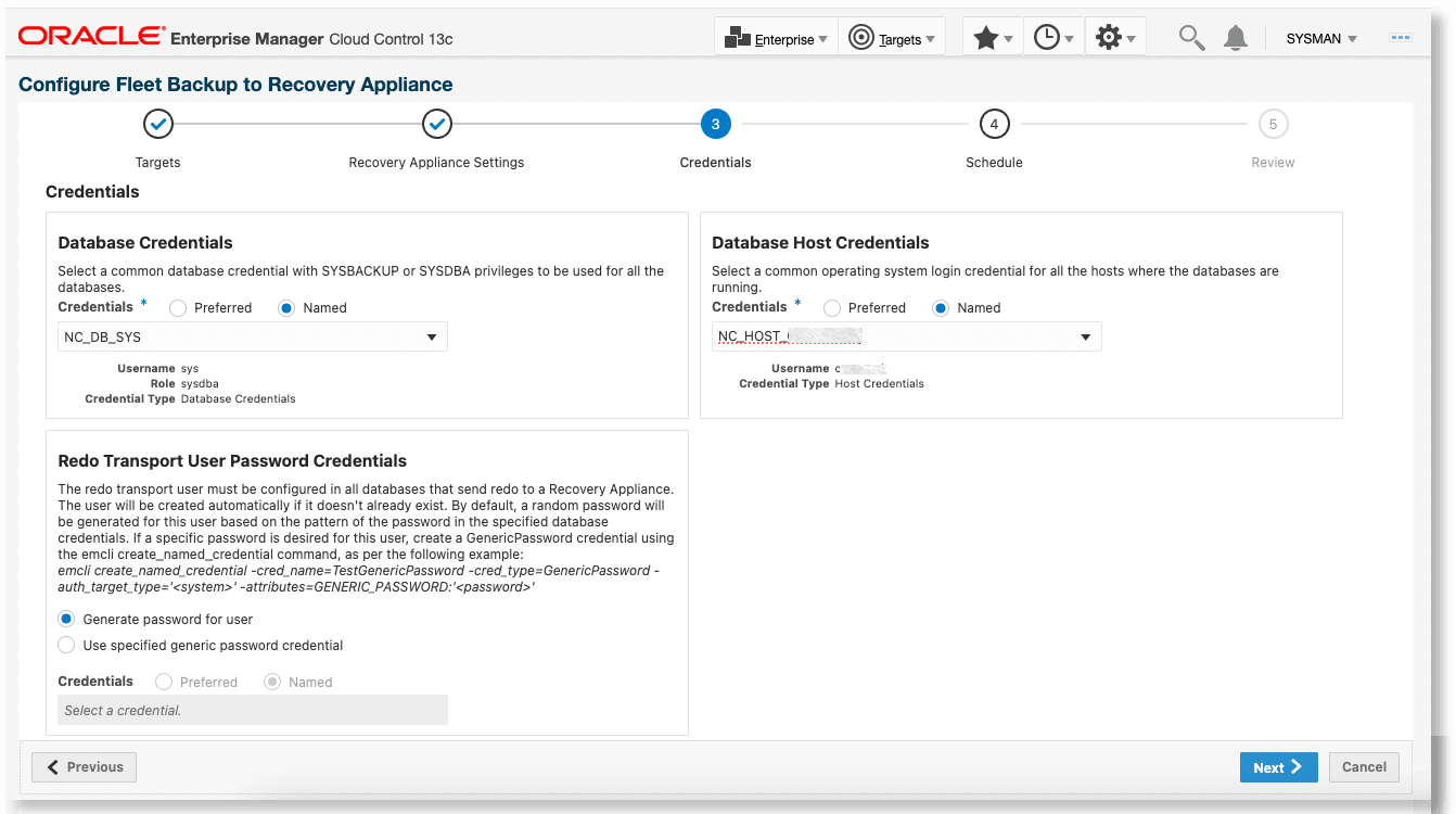 Configure Data Guard Databases to Backup to a Recovery Appliance - credentials page
