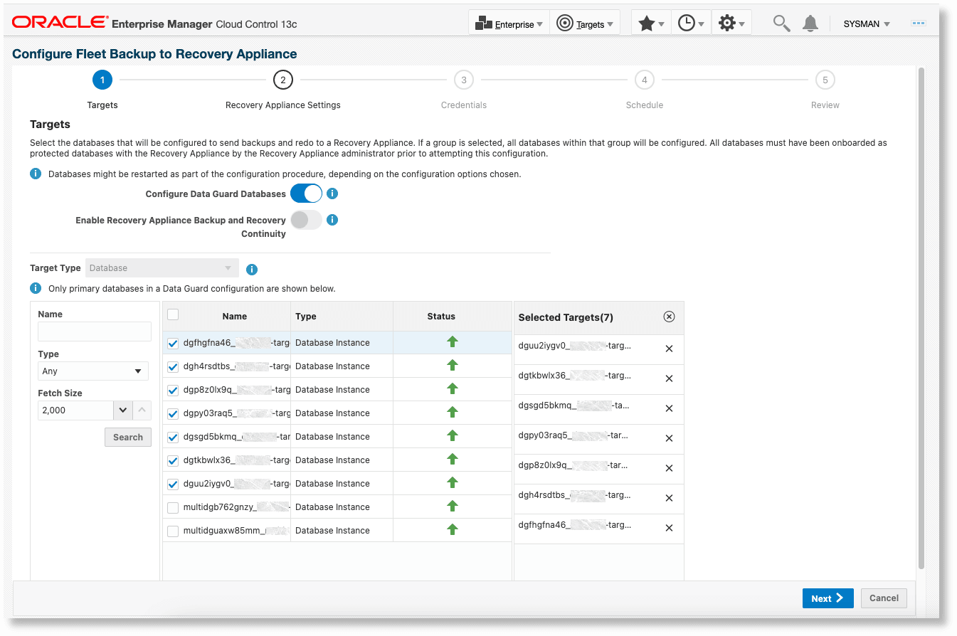Configure Data Guard Databases to Backup to a Recovery Appliance - targets page