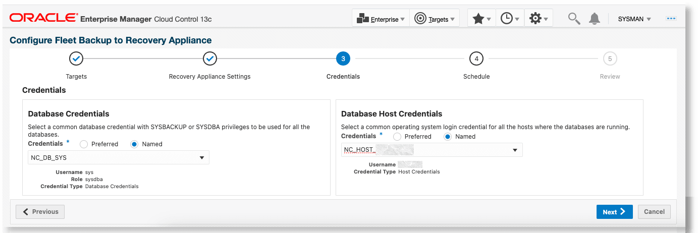 Configure Non-Data Guard Databases to Backup to a Recovery Appliance - credentials