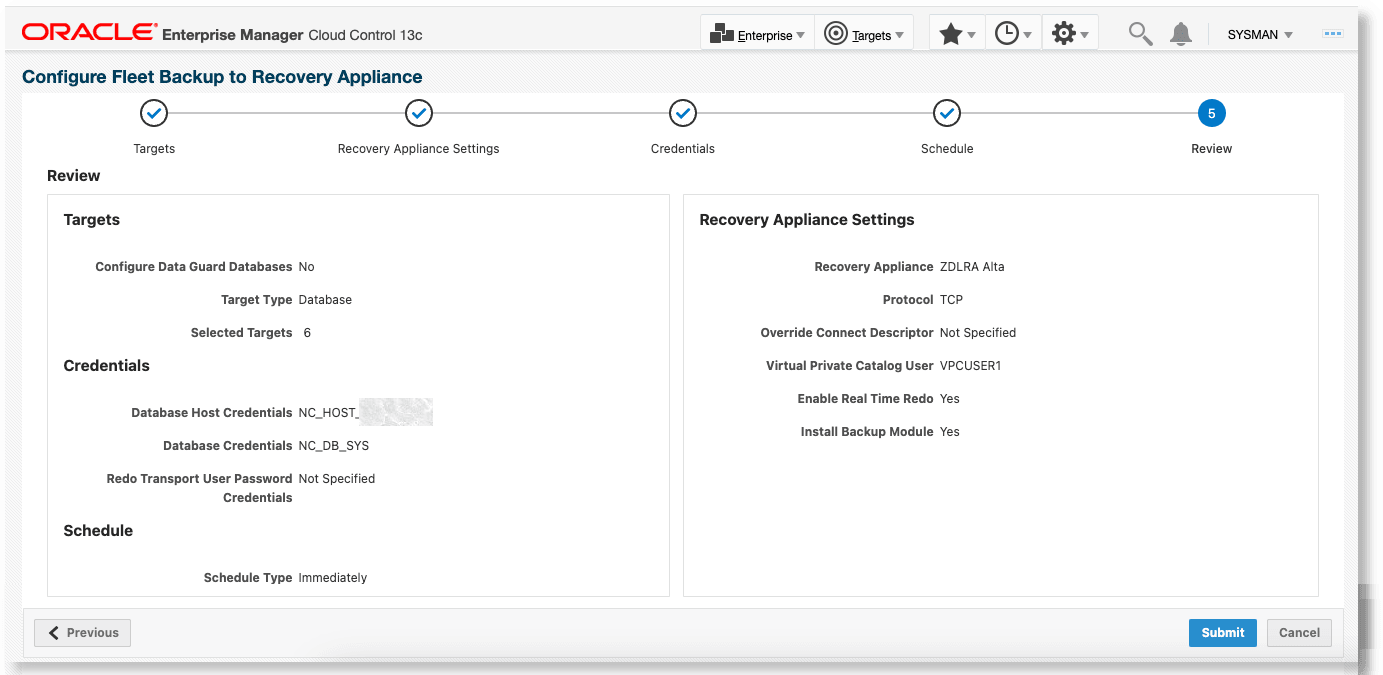 Configure Non-Data Guard Databases to Backup to a Recovery Appliance - Review page