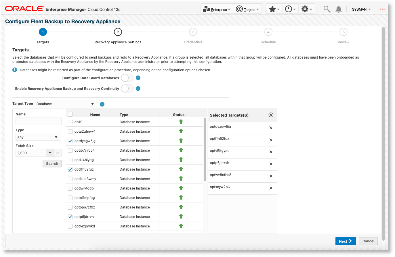 Configure Non-Data Guard Databases to Backup to a Recovery Appliance - Targets page