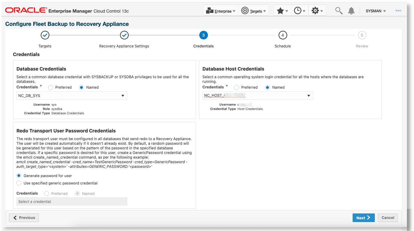 Configure Data Guard Databases to Backup to a Recovery Appliance - credentials page Configure Data Guard Databases to Backup to a Recovery Appliance - credentials page