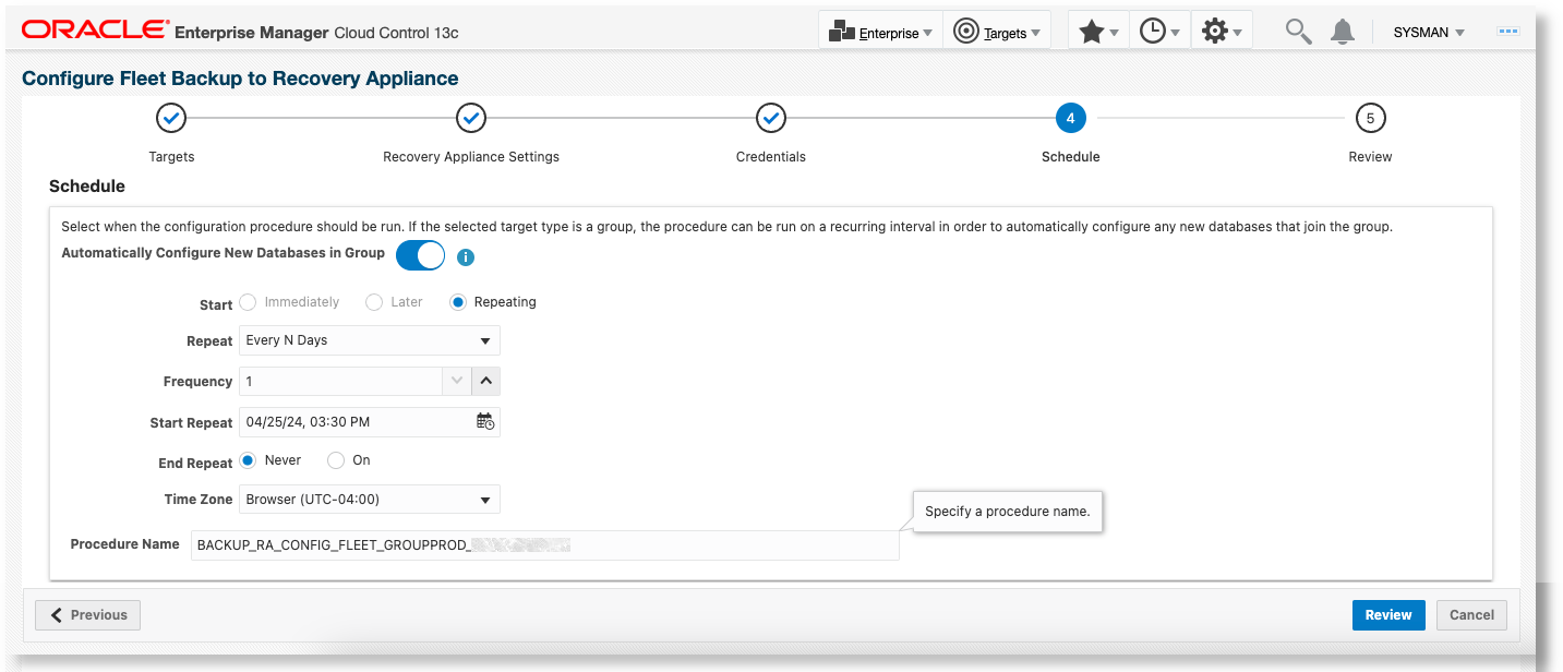 Recurring Configuration of a Group of Databases to Backup to a Recovery Appliance - Schedule page Recurring Configuration of a Group of Databases to Backup to a Recovery Appliance - Schedule page