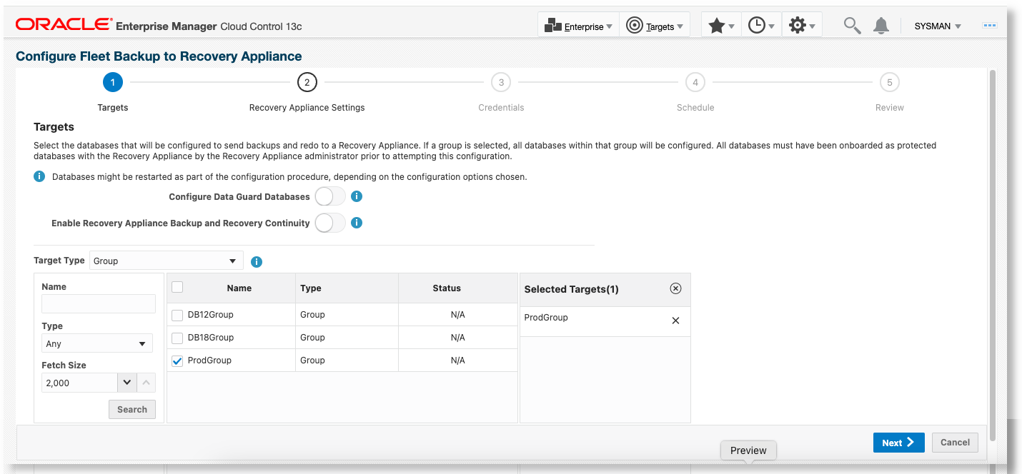 Recurring Configuration of a Group of Databases to Backup to a Recovery Appliance - Targets page Recurring Configuration of a Group of Databases to Backup to a Recovery Appliance - Targets page