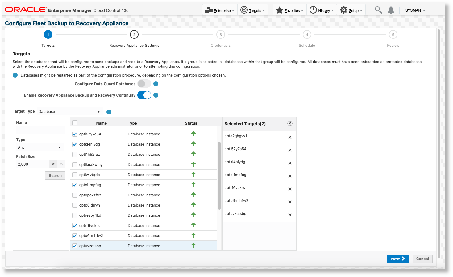 Configure Non-Data Guard Databases for Recovery Appliance Backup and Recovery Continuity - targets page Configure Non-Data Guard Databases for Recovery Appliance Backup and Recovery Continuity - targets page