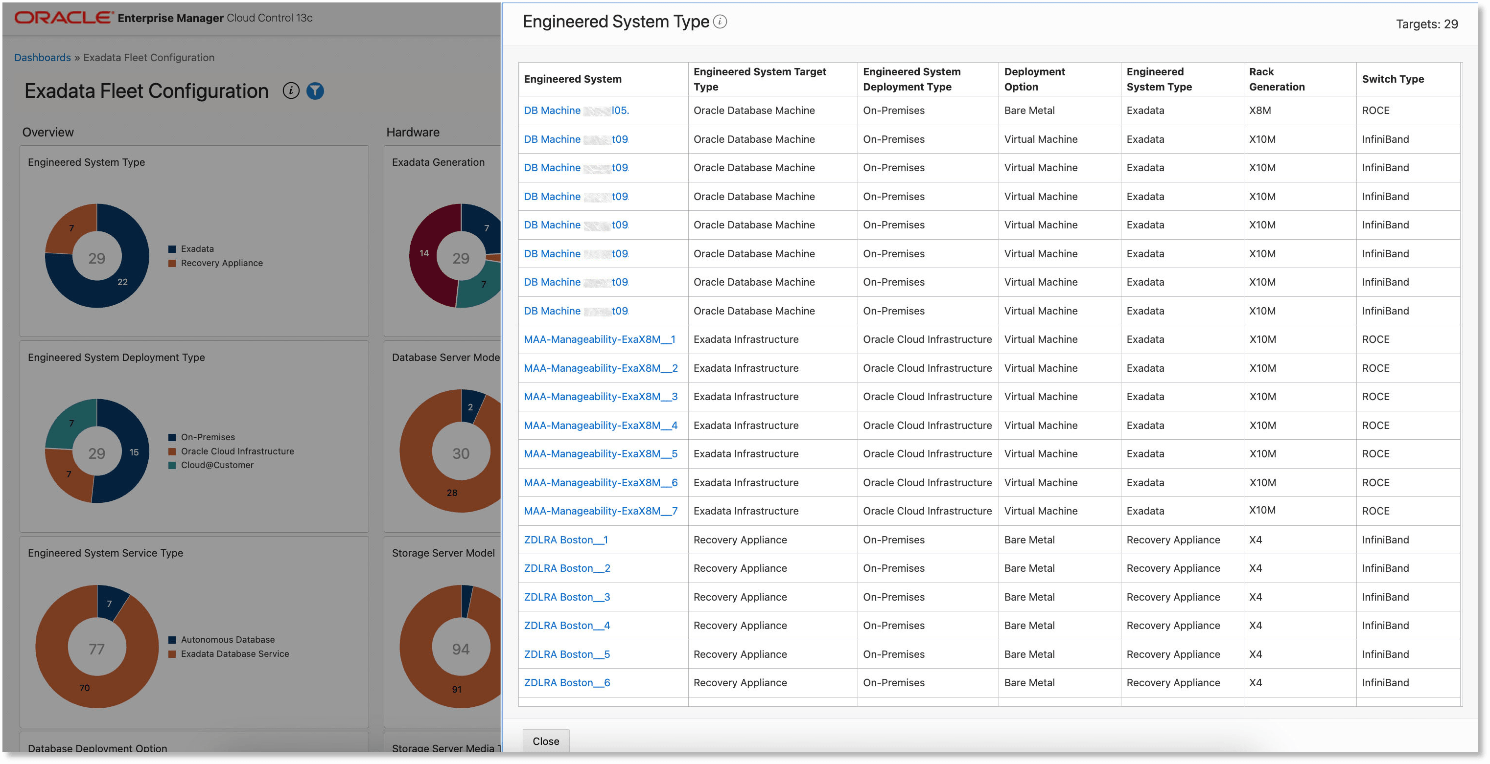 details displayed when the number at the center of the Engineered System Type ring chart is clicked